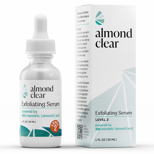 Almond Clear Level 2 Exfoliating Serum bottle and packaging. Powered by 15% Mandelic Acid for body.