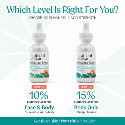 Choose your mandelic acid strength: Almond Clear Level 1 with 10% for face and body, Level 2 with 15% for body only